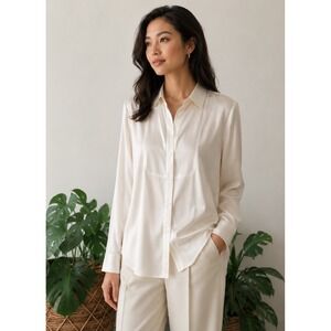 Lafayette 148 New York Cream 100% Silk Bib Front Button Down Blouse Size 14
